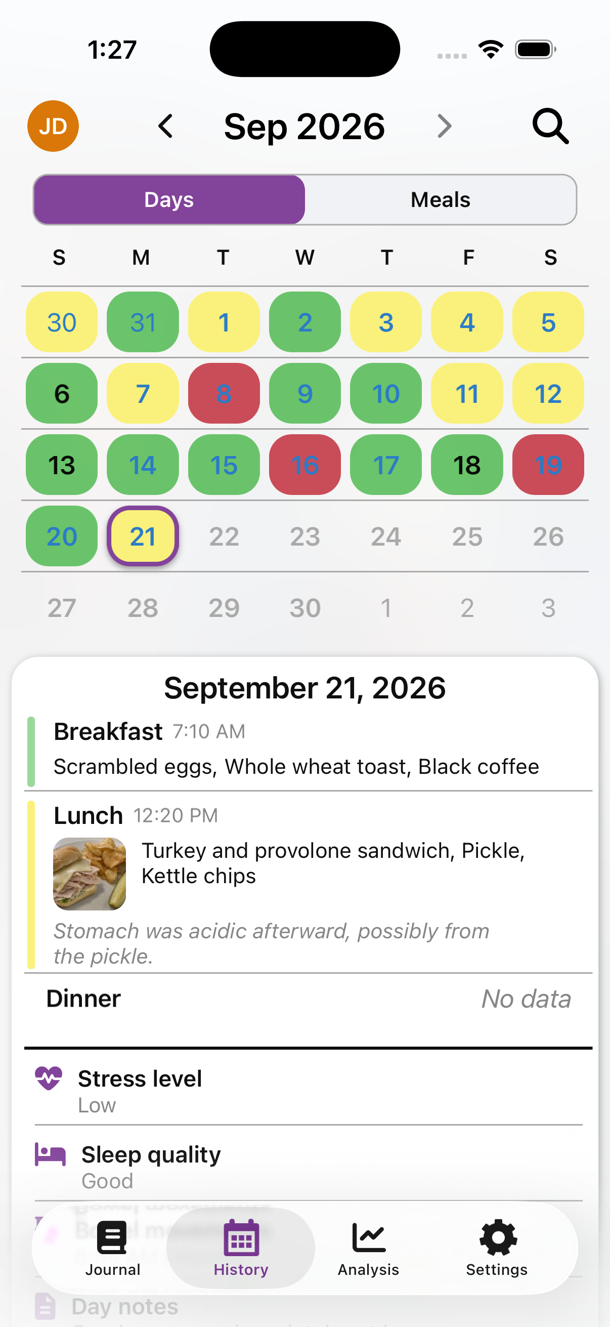 Tummy Tamer history screen