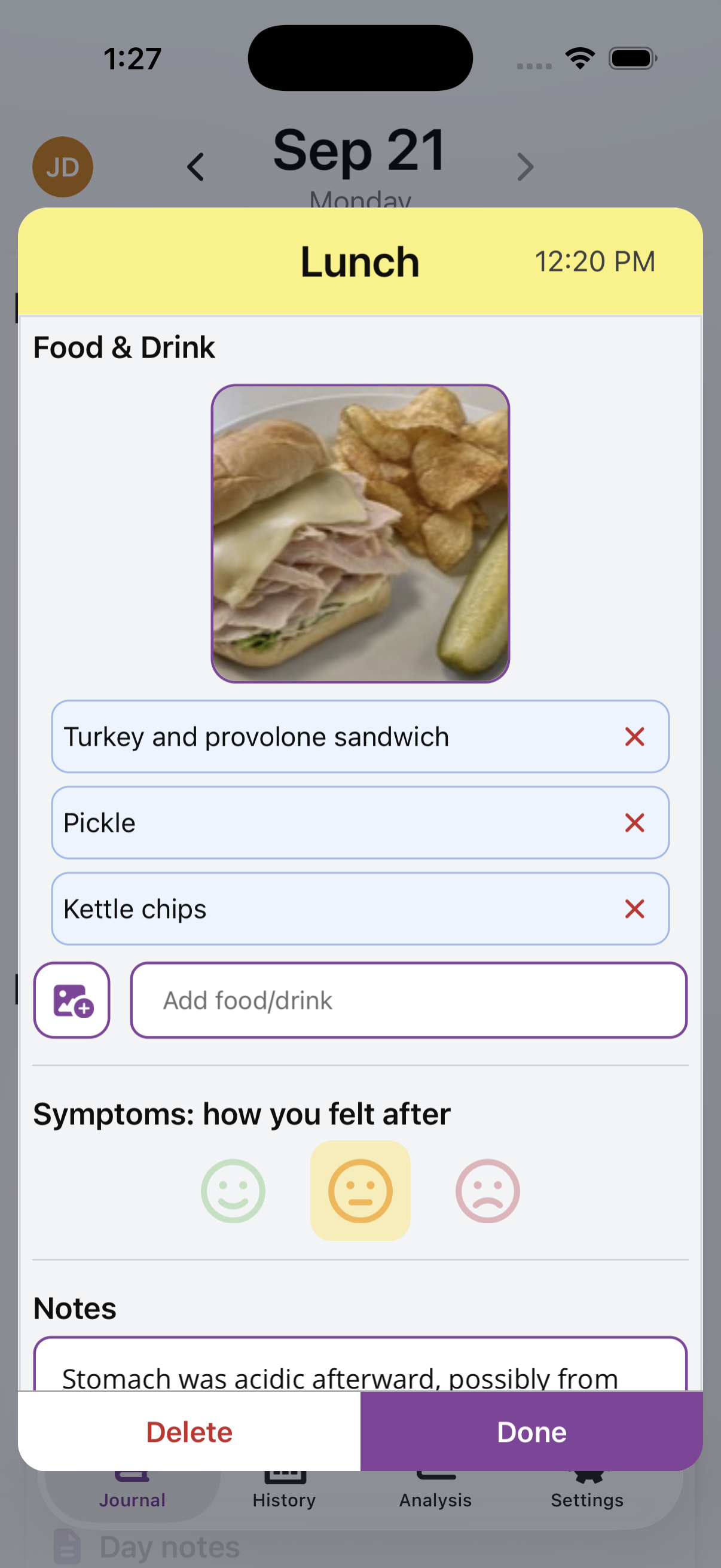 Tummy Tamer meal editing screen